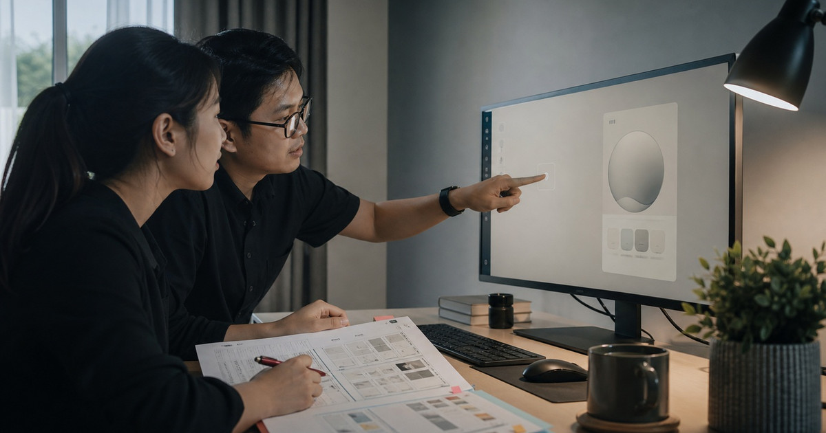 Localization QA report template beside a Vietnamese reviewer checking a product screen