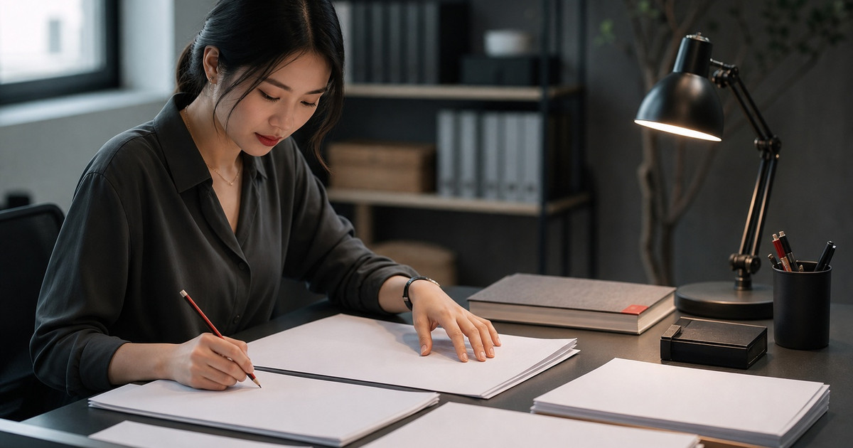English-Vietnamese localization specialist reviewing printed translation samples and QA notes