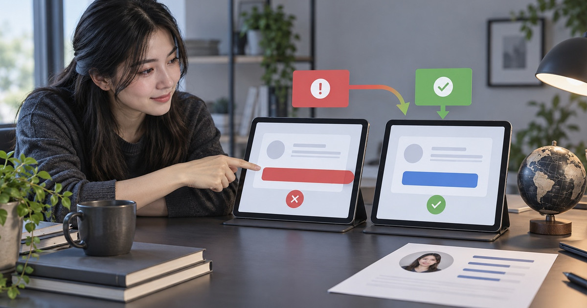 Editorial illustration for a localization tester CV, with a reviewer comparing two tablet interfaces